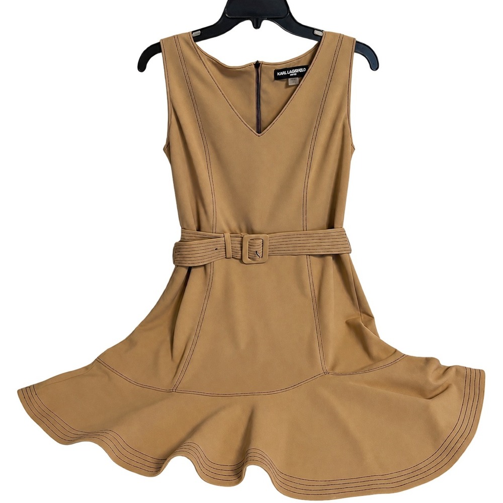 Karl Lagerfeld Fit & Flare Dress Size 10 Tan Belted Contrast Stitch NWT